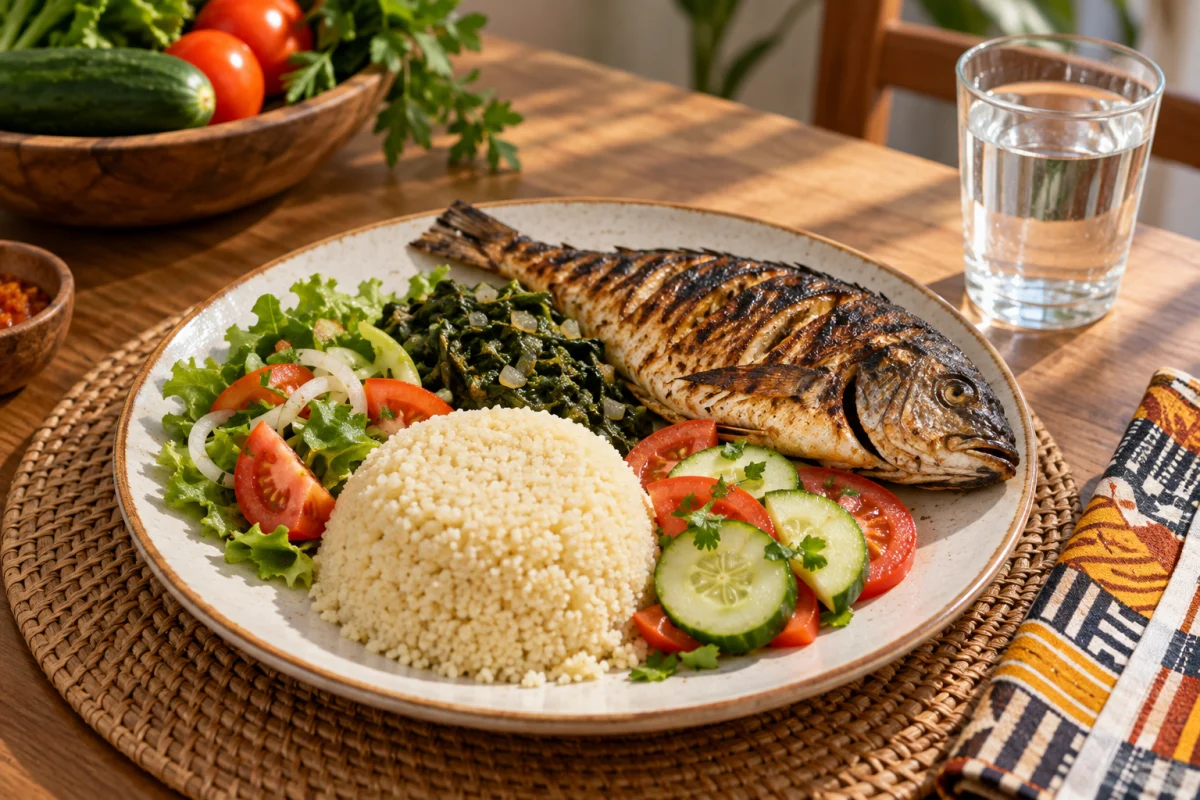 Repas ivoirien avec attiéké, poisson et légumes